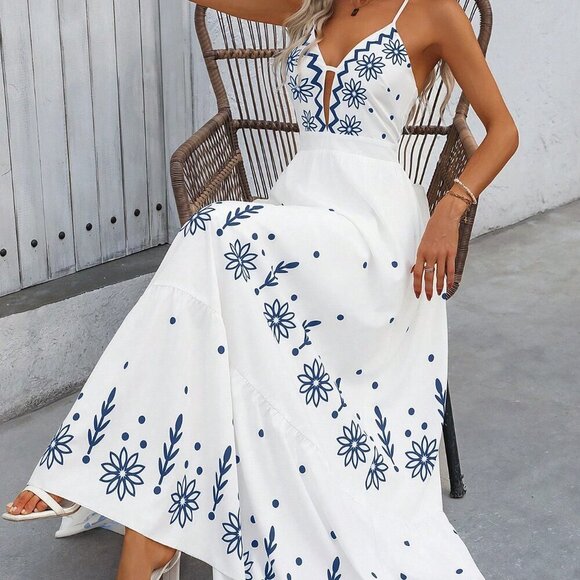 Multicolor Boho Women's Printed Cami Maxi Dress Hawaiian Style - Picture 4 of 6